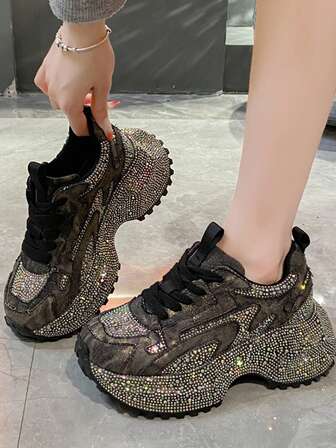 2025春秋季女士水钻厚底运动鞋，时尚高帮休闲跑步鞋