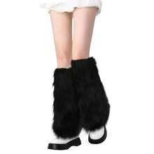 PHOGARY Faux Fur Fuzzy Leg Warmers Furry Boot Covers For Women Girls, Furry Boot Cuffs Fuzzy Shoes Cover Socks For Costumes - màu đen - Xem 1