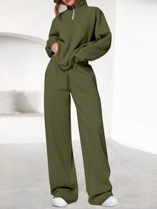 Womens Casual 2 Piece Sets Fall Outfits Quarter Zip Sweatshirts Straight Leg Pants Sweatsuits Tracksuit Valentine Vacation Spring Clothes For Women - xanh quân đội - Xem 3