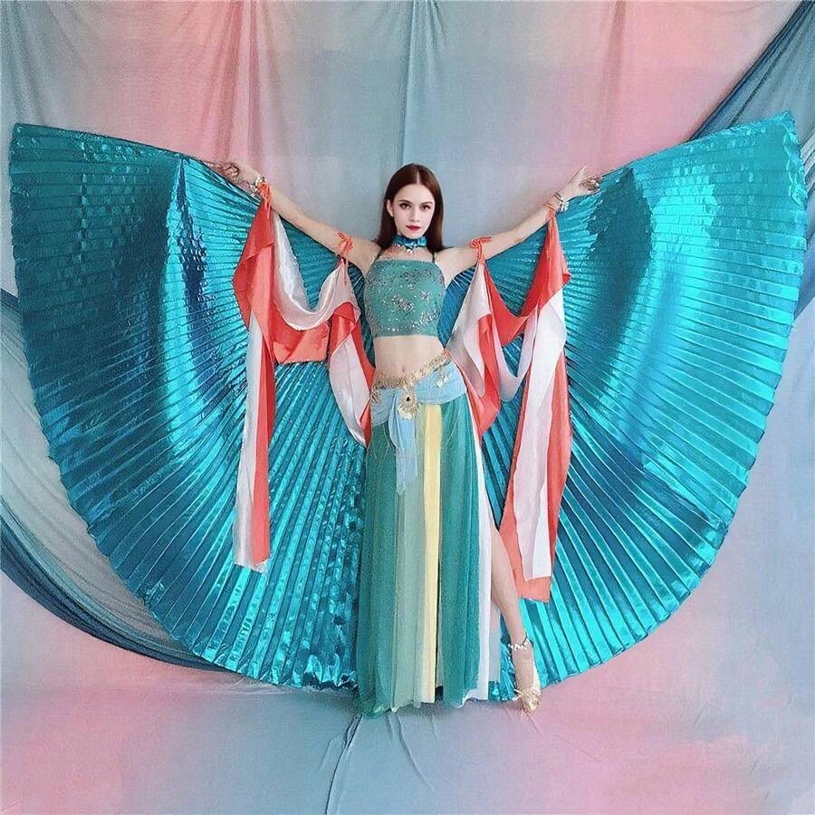 1件蝴蝶翅膀服装，肚皮舞翅膀，舞台表演道具，360°蝴蝶翅膀披风，金色，适用于街头摄影、派对、嘉年华、夜店性感装扮