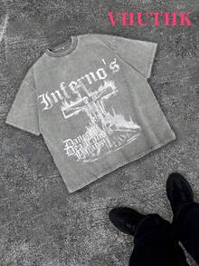 VHUTHK (220 Pure Cotton T-Shirt) 'GENUINE' Letter And Portrait Print, Suitable For Men's Casual, Comfortable, And Fashionable T-Shirt, Street Style Cotton - 灰色 - 查看 1