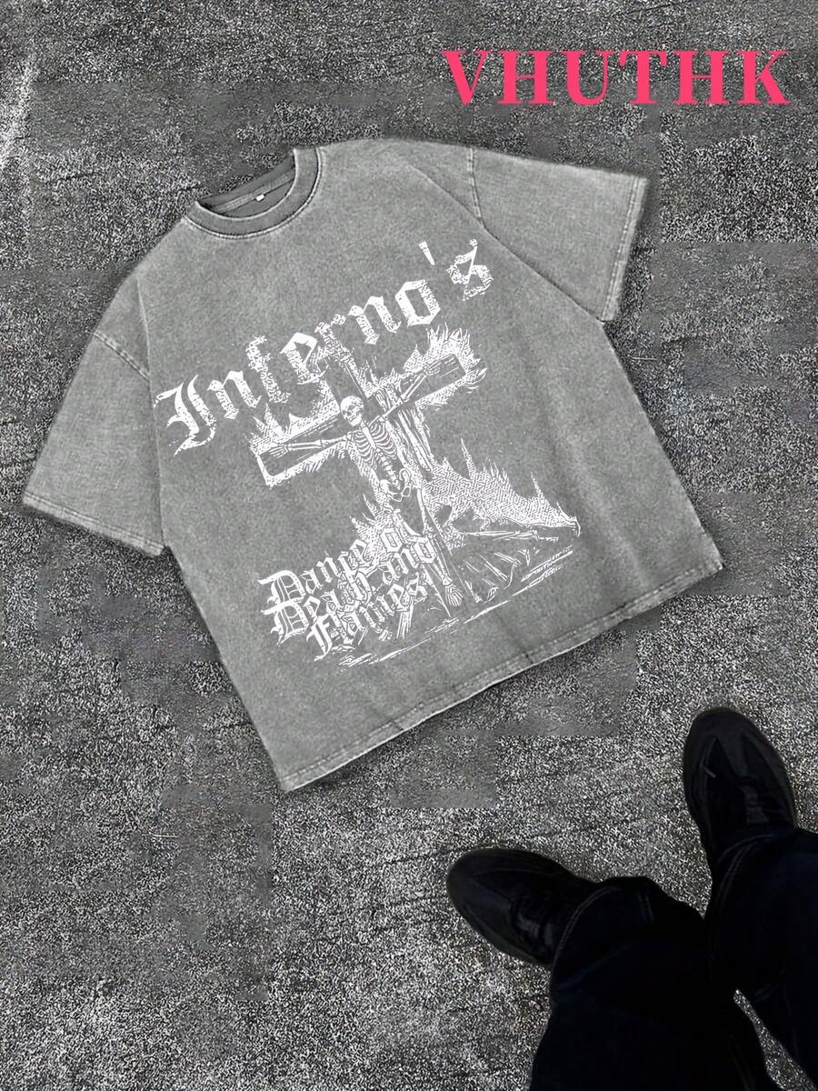 VHUTHK (220 Pure Cotton T-Shirt) 'GENUINE' Letter And Portrait Print, Suitable For Men's Casual, Comfortable, And Fashionable T-Shirt, Street Style Cotton - 灰色 - 查看 1