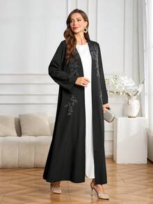Women's Elegant Solid Black Long Sleeve Cardigan Abaya With Rhinestone Pattern, Versatile For Daily Wear - Black - View 5