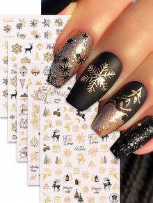 5Pcs Christmas Gold Nail Stickers, Self-Adhesive Metallic Nail Art Decals With Snowflake, Xmas Tree, Reindeer, Snowman & Winter Letter Pattern, Holiday DIY Manicure Decorations Supplies - Multicolor - View 6
