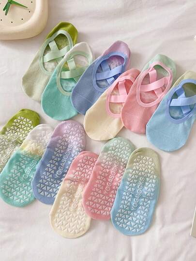 1/3/5/6/10 Pairs Women Gradient Color Non-Slip Silicone Pilates Beginner Floor Socks, Sports Ankle Socks, Indoor Adult Professional Yoga Socks