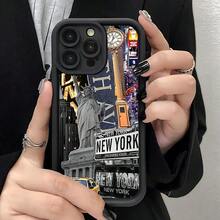 New York City Landmarks Pattern (Statue Of Liberty, Times Square Clock, "New York" Sign) Fashionable And Popular Shock - Proof Anti - Fingerprint Full Coverage Thick Protective Phone Soft Case Compatible With IPhone 7/8/11/12/13/14/15/16/16Pro/Plus/16Promax/X/Xs Max/Xr/12/13mini - Mixed Color 1 - View 1