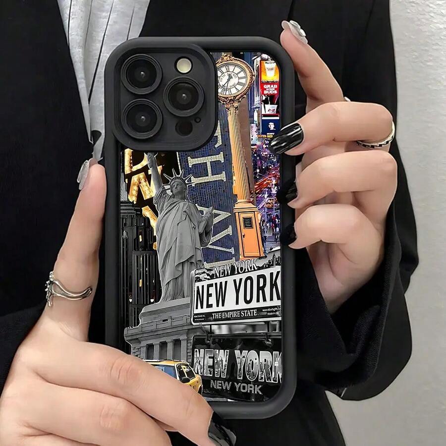 New York City Landmarks Pattern (Statue Of Liberty, Times Square Clock, "New York" Sign) Fashionable And Popular Shock - Proof Anti - Fingerprint Full Coverage Thick Protective Phone Soft Case Compatible With IPhone 7/8/11/12/13/14/15/16/16Pro/Plus/16Promax/X/Xs Max/Xr/12/13mini - Mixed Color 1 - View 1