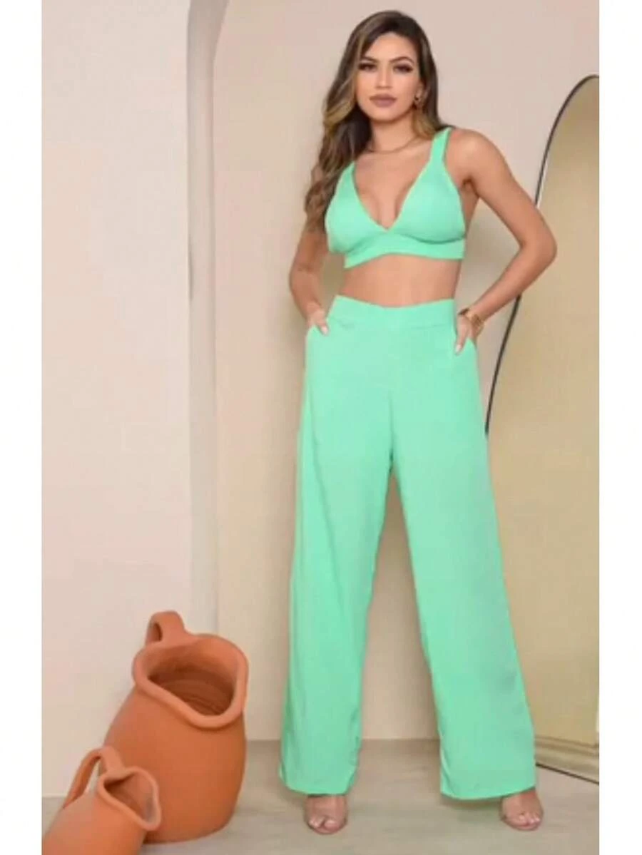 Conjunto Feminino Elegante Calça Com Bolsos Laterais E Cropped Com Amarrração Atrás - Verde Menta - Visão 1