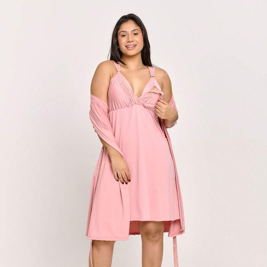Conjunto Saída de Maternidade Camisola de Amamentação com Robe | 310.811 - Rosê - Visão 1