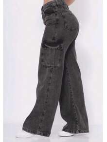 Women's Wideleg Cargo Graphite Jeans With Side Pocket - Black - View 3
