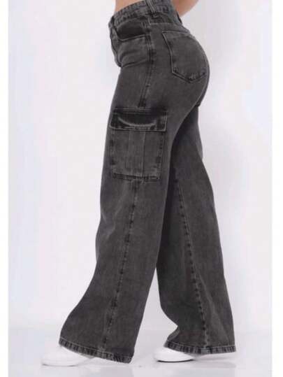 Calça Jeans Wideleg Feminina Cargo Grafite Bolso Lateral
