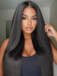 Aopusi 16 Inch Straight Human Hair Wigs 13*4 Straight Lace Front Wigs  Double Drawn  Cut Long Wig Brazilian Hair HD Transparent Lace Frontal Wig - Natural Black - 查看 1