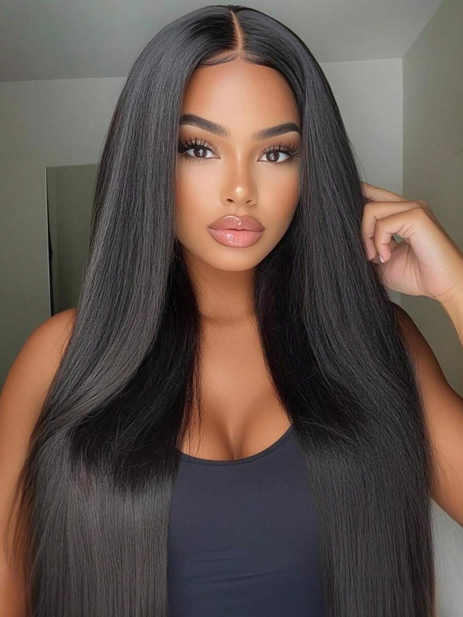 Aopusi 16 Inch Straight Human Hair Wigs 13*4 Straight Lace Front Wigs Double Drawn Cut Long Wig Brazilian Hair HD Transparent Lace Frontal Wig - Natural Black - 查看 1