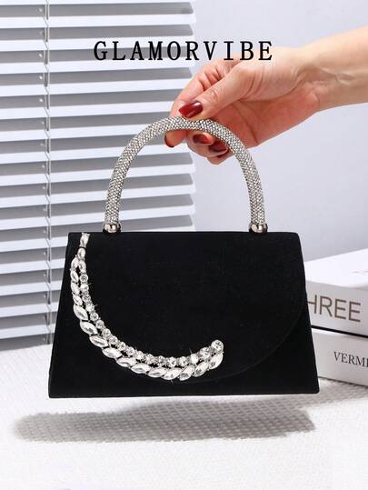 1 حقيبة مسائية أنيقة مزينة بالفيلكرو والراين ستون للنساء، مزينة بأحجار كريستال لامعة، مع سير كتف معدني قابل للفصل، مناسبة للحفلات والزفاف الرومانسي وحفلات التخرج والنوادي الليلية وهدايا عيد الميلاد والملابس المناسبة وعيد الحب والعطلات