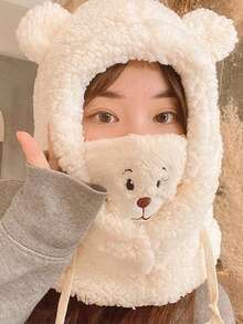 1件冬季毛绒加厚可爱熊毛绒帽子口罩帽子围巾一体式防寒保暖帽 - 彩色 - 查看 5