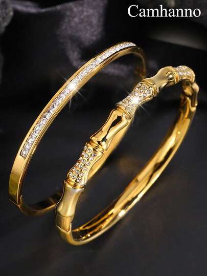 Camhanno 2pcs Of Simple And Fashionable, Elegant And Charming Stainless Steel Zirconia Different Shapes And Styles Bracelet Combination, Add Points To Your Beauty, Suitable For Daily Wear To Send Lovers/Best Friend