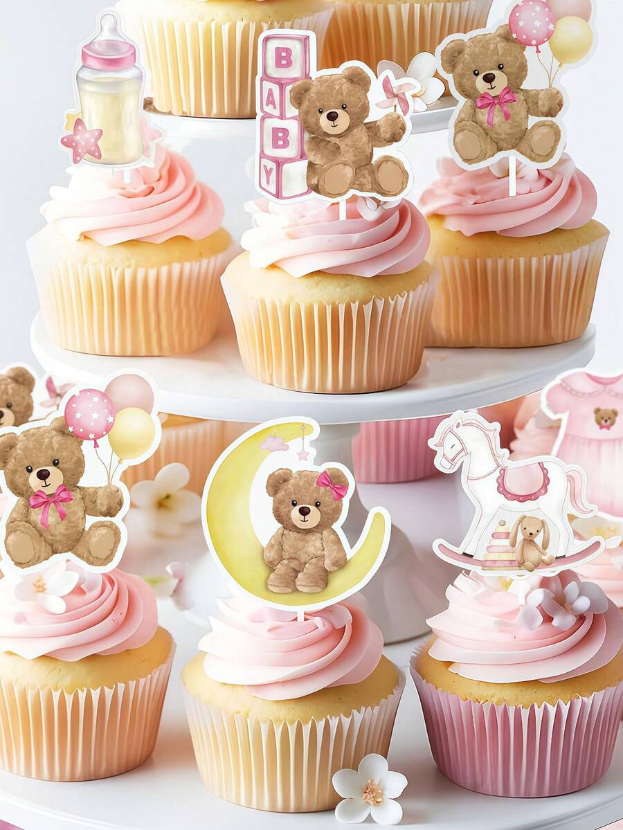 24pcs Baby Shower Party Bear Cupcake Toppers, Baby Shower Party Supplies, Birthday Decorations, Cute Bear Themed Baby Shower Party Decorations, Jungle Animal Theme Baby Shower Birthday Party Cake Decorations, Pink Baby Shower Home Decor Gifts - Pink - View 1