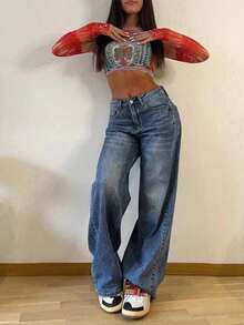 Quần jeans nữ ống đứng dáng rộng, xếp ly, kiểu vintage, thích hợp cho mùa xuân. - Rửa trung bình - Xem 3