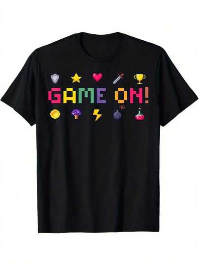 Elegant Ladies' Black Cotton Crew Neck Short Sleeve T-Shirt With "Game On" Graphic Print, 180g Premium Quality, Perfect For Casual Wear And Gaming Enthusiasts, Soft And Comfortable Fabric For Women Seeking Style And Playful Vibes