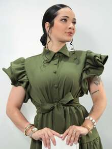 Premium Tailored Rafaela Women's Long Dress With Short Sleeves And Bow - Army Green - View 2