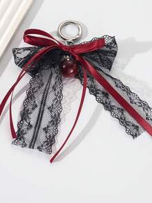 Lace Bow Keychain Hollow Red Ribbon Cherry Y2k Fashion Design Charm Delicate Backpack Key Chain Valentine's Day Gift Accessories Fall Burgundy - Black - View 5