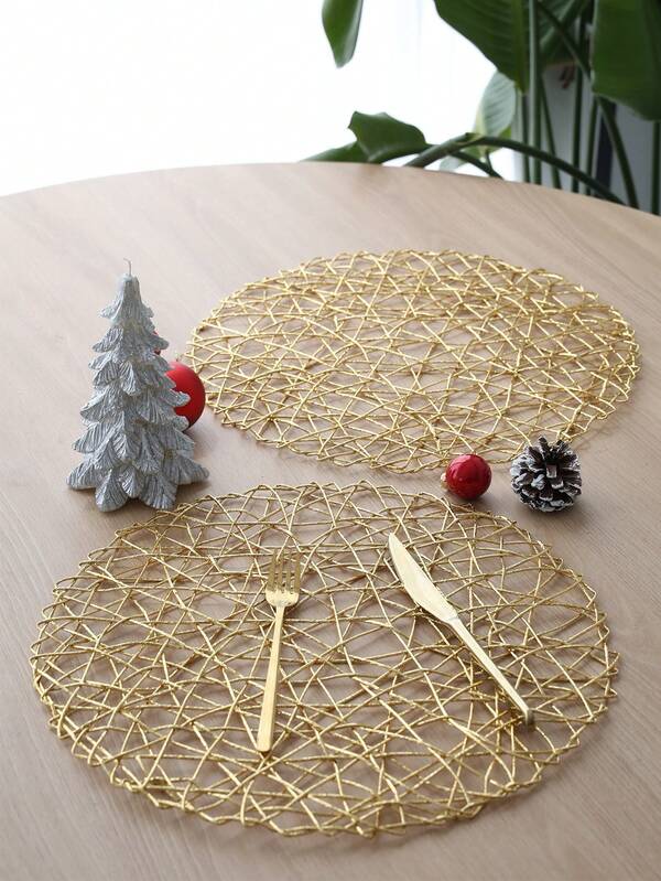 4 قطع من الحصائر المنسوجة من الورق والبلاستيك البولي إيثيلين المقاوم بقطر 15 بوصة، حصائر زخرفية دائرية باللونين الذهبي والفضي، مناسبة لاستخدامها في عيد الميلاد واليوم العادي