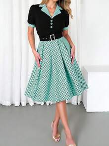 女士优雅拼布撞色领短袖系带波尔卡圆点中长连衣裙，夏季 - 彩色 - 查看 1