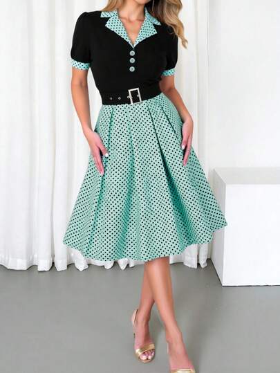 女士优雅拼布撞色领短袖系带波尔卡圆点中长连衣裙，夏季