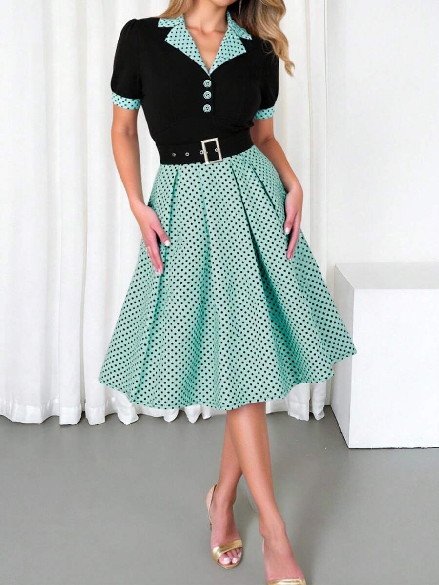 女士优雅拼布撞色领短袖系带波尔卡圆点中长连衣裙，夏季 - 彩色 - 查看 1