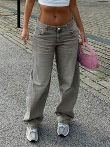新款欧式复古阔腿牛仔裤，中腰宽松修身直筒休闲牛仔裤，四季百搭 - 淺灰色 - 查看 2