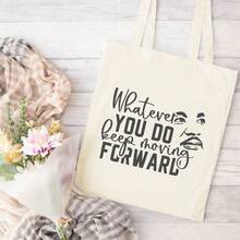 1pc Inspirational Month Canvas Tote Bag, Durable Rectangle Handbag With Whatever You Do Keep Moving Forward Quote, Large Capacity Shopping, Picnic, Party, Travel - 1pc - 查看 4
