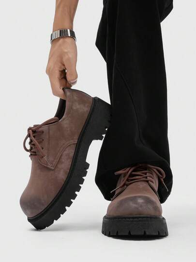 Men's Thick Sole Brown Leather Lace-Up Casual Dress Shoes, Low-Top Formal Party Vintage Round Toe Elevator Shoes,