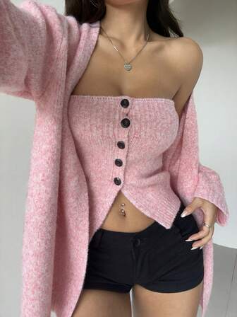 ARA CHIC 女士粉色纽扣式胸衣打底衫和宽松针织开衫套装 – 充满Y2K风格的俏皮针织两件套，适合约会、派对和冬季穿着。新品上市。