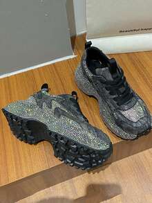 2025春秋季女士水钻厚底运动鞋，时尚高帮休闲跑步鞋