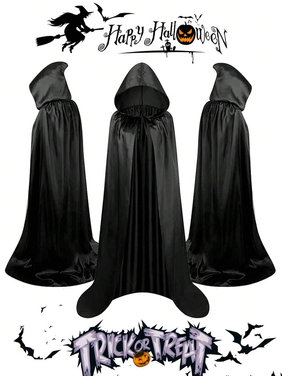 1 buah Jubah Berkerudung Halloween, Kostum Cosplay Satu Lapisan untuk Pertunjukan Panggung, Pesta Topeng & Pesta, 5 Ukuran (120/140/150/160/180), Hadiah Sempurna - Hitam - View 1