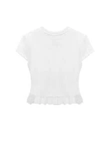 夏季韩版蕾丝边下摆蝴蝶结装饰T恤，青春百搭 - 白色 - 查看 3