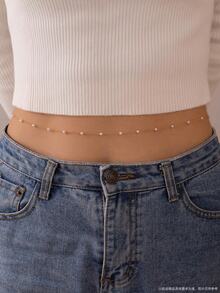 1pc Fashionable Copper Alloy Faux Pearl Double Layer Waist Chain, Minimalist Sexy Body Chain Jewelry For Women, Bride & Party - White - View 1