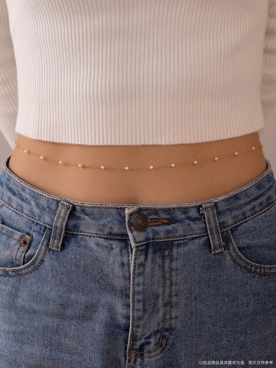 1pc Fashionable Copper Alloy Faux Pearl Double Layer Waist Chain, Minimalist Sexy Body Chain Jewelry For Women, Bride & Party - White - View 1