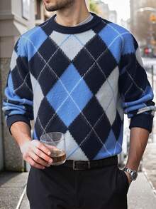 LOOKUN 新款秋冬男士休闲宽松简约菱形图案百搭圆领套头针织衫 - 藍色 - 查看 1