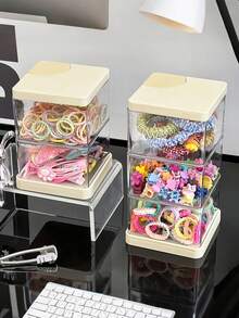 1pc Children's Room Rotating Desktop Storage Box, 2-Layer 3-Compartment Dust-Proof Hair Clip Organizer