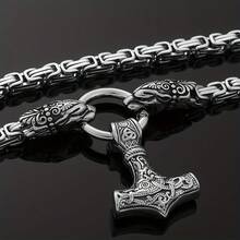 Popular Men's Nordic Viking Stainless Steel Wolf Head Thor Hammer Pendant Necklace