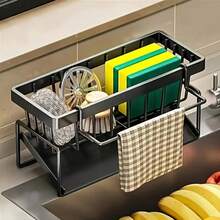 1 Simple Metal Kitchen Sink Rack, Self-Draining Kitchen Sink Organizer, Sponge Draining Rack, Suitable For Kitchen/Bathroom Countertop Storage, Comes With A Towel Rod, Available In Black, Gray, And White