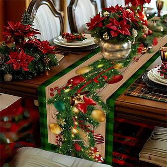 1pc Christmas Wreath Theme Polyester Table Runner, Durable Polyester, 70.8in*12.99in, Featuring Green Pine Branches, Big Red Bow, Bells, Ornaments, Candy Canes, Fairy Lights And Gift Boxes, Durable Christmas Fireplace And Home Holiday Decor, Christmas Party Supplies.