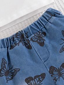 2pcs Infant Girl Casual Fashion Heart & Letter Print White Long Sleeve T-Shirt And Butterfly Print Denim Straight Pants Set, Suitable For Spring/Autumn, Daily, Outdoor, Commute, School, Sports