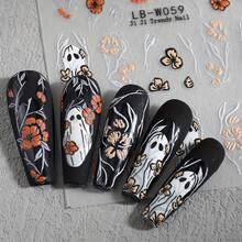 5-Pack 3D Halloween Nail Art Stickers And Decals - Cartoon Ghosts, Skulls & Floral Patterns, Plastic Self-Adhesive Nail Embellishments, Glass Surface Compatible, Single-Use Matte Fantasy Theme Nail Decor With Irregular Shapes And Embroidered Detail - Multicolor - View 6