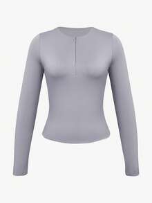 XLLAIS 女士时尚拉链领纯色紧身长袖弹力T恤，秋季休闲运动装 - 灰色 - 查看 3