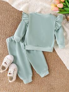 2 件女童休闲可爱荷叶边花卉字母印花长袖上衣和裤子套装，春秋 - 綠色 - 查看 2