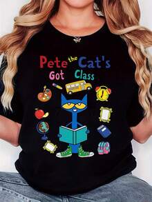 Women'S T-Shirt, "Book Cat Alarm Clock Apple Globe Pete Cat Got Class" Print, Retro Minimalist Fashion, Round Neck, Casual Comfort, Sports Short Sleeve T-Shirt - 黑色 - 查看 1
