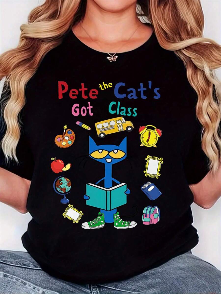 Women'S T-Shirt, "Book Cat Alarm Clock Apple Globe Pete Cat Got Class" Print, Retro Minimalist Fashion, Round Neck, Casual Comfort, Sports Short Sleeve T-Shirt - 黑色 - 查看 1