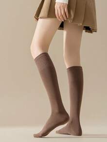 1双女士秋季过膝袜，高筒防滑修身纯色小腿袜，舒适袜子